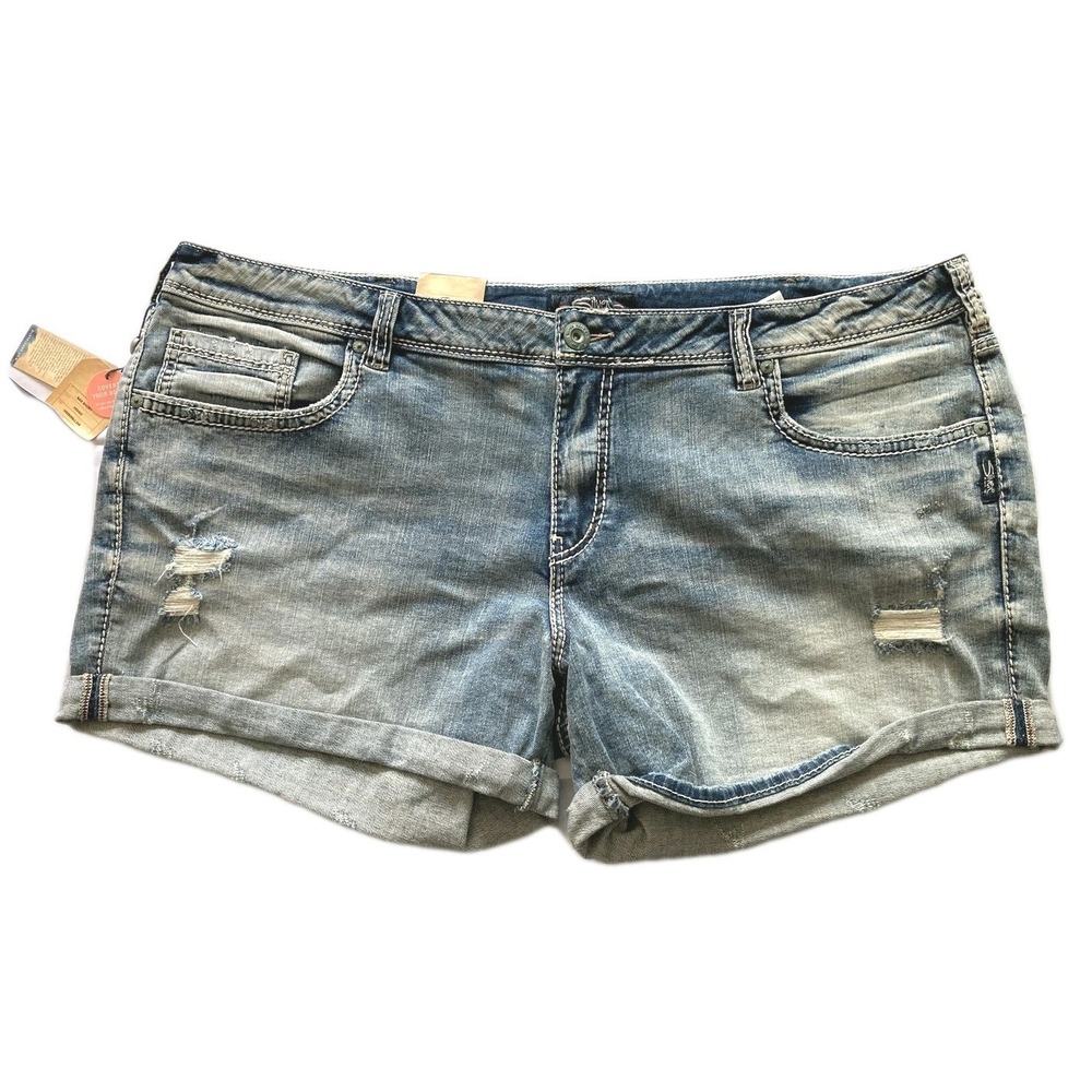 Silver Jeans Co Shorts Women 24 Blue Denim Sam Boyfriend Distressed Cuffed NWT